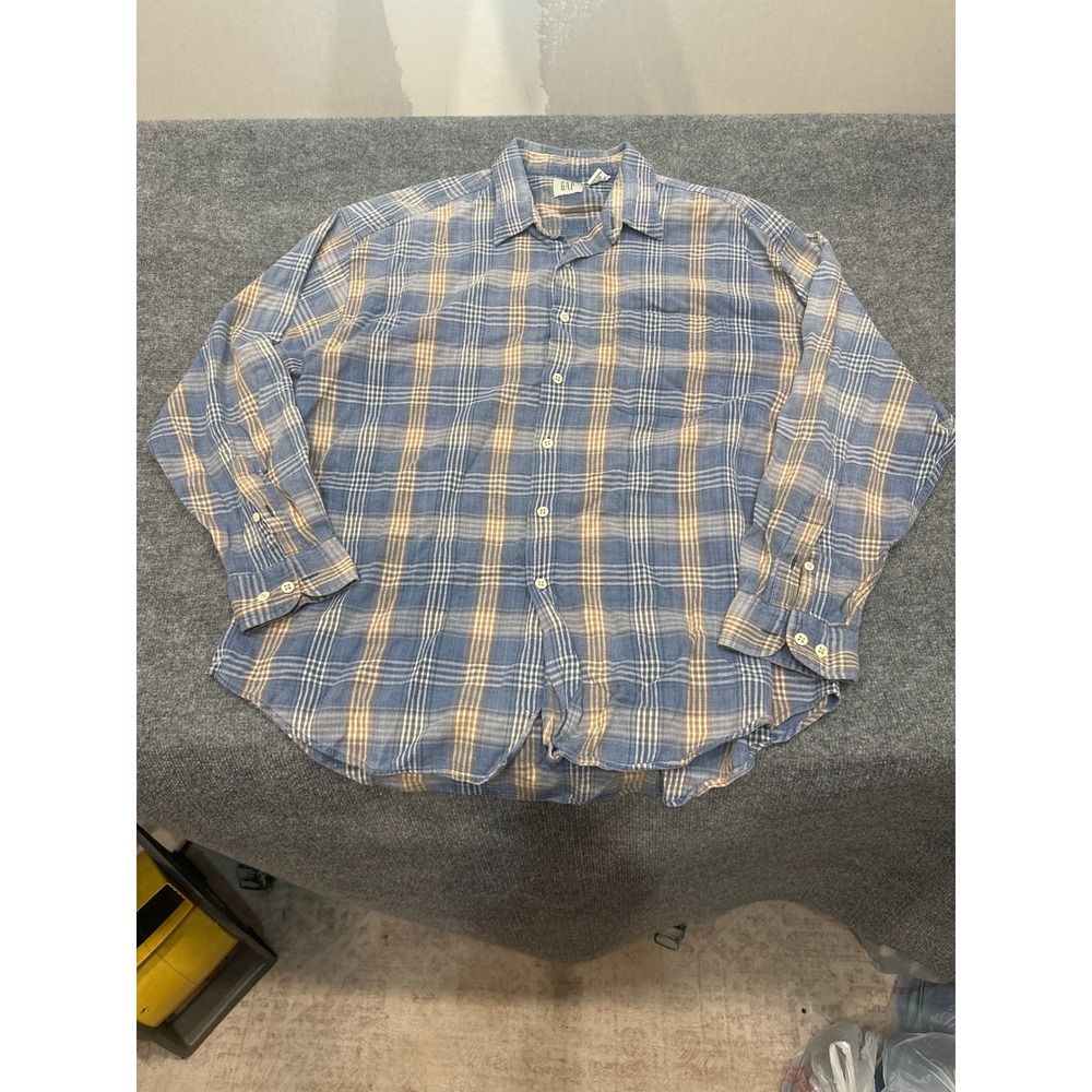 Vintage GAP XL Blue Plaid Cotton Linen Blend Button Up Shirt Long Sleeve Y2K